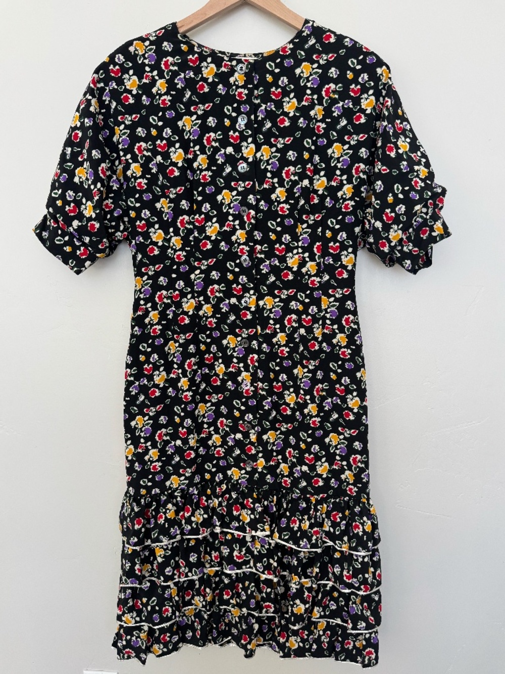 Neiman Marcus Vintage 100% Silk Dress Size 8 Black Floral Ruffle Hem 80s‎ 90s